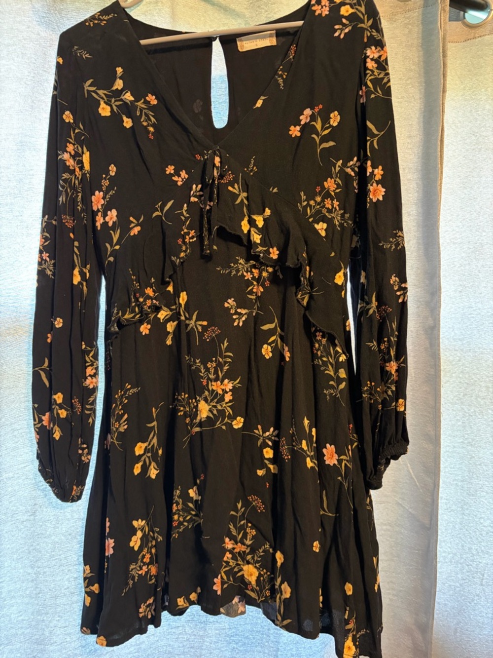 Altar'd State Black Long-Sleeve Floral Wrap Dress with Pink and Yellow Blooms